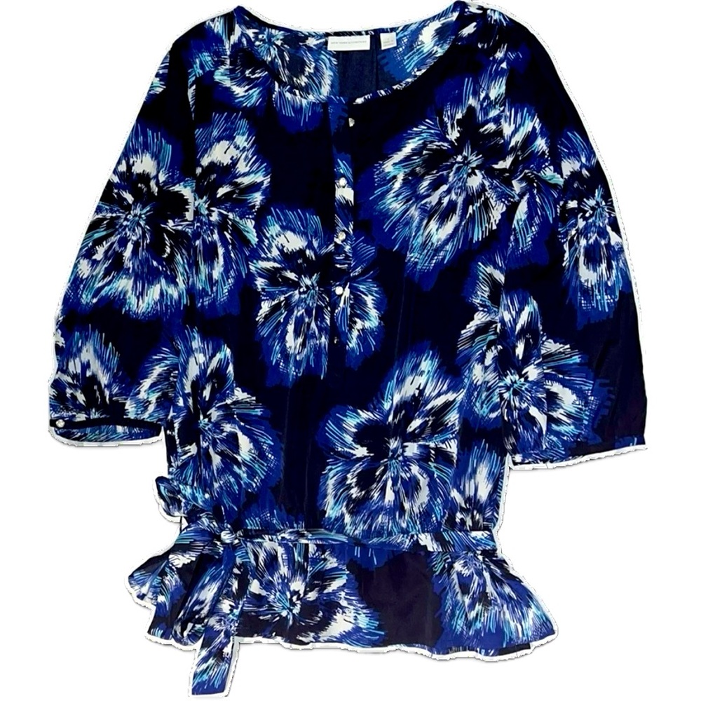 NY&Co blue/black printed crepe business casual blouse